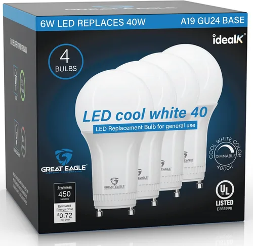 Miniatura 10 de Great Eagle - Bombillas LED regulables, GU24 equivalente a 40 W, luz diurna de 5000 K A19, bombilla de 2 clavijas, 6 W, 450 lúmenes, 120 V, 60 Hz