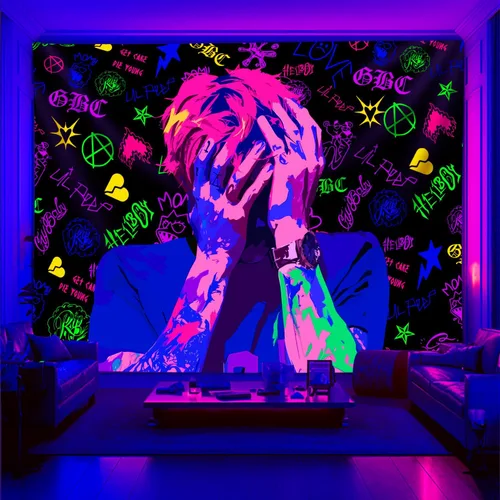 Miniatura 10 de PSYHILAR Blacklight Lil Peep Tapestry, Pósteres de Luz Negra para Dormitorio, Bandera UV Star Shopping Rapper (40 x 30 Pulgadas)