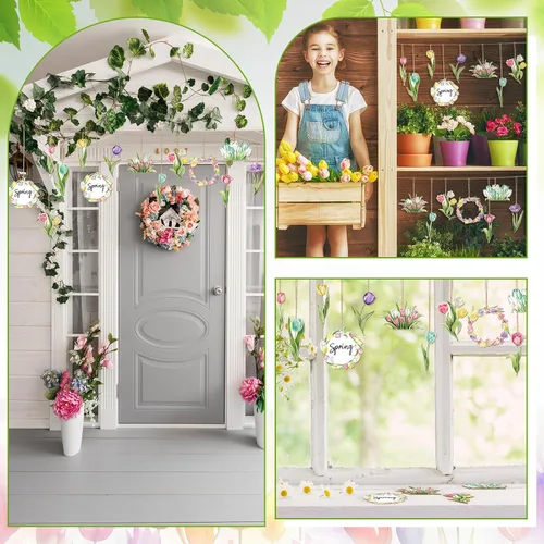 Miniatura 5 de Wenqik 36 adornos de primavera para árbol, flor de primavera, tulipán, decoraciones de bosque, decoraciones de árbol de Pascua, letrero colgante