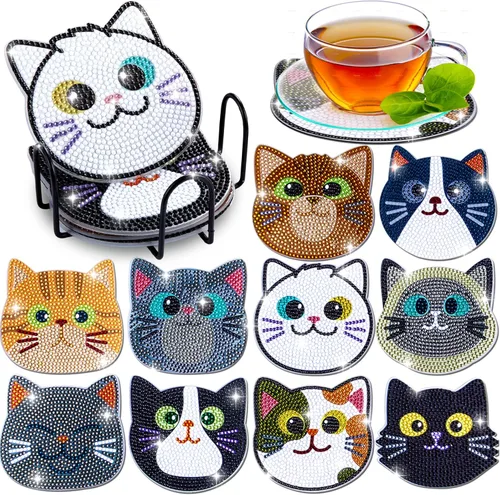 Insnug Juego de 10 posavasos de pintura de diamantes, con temática de gato, kits de pintura para niños y adultos, puntos, artes y manualidades, kits