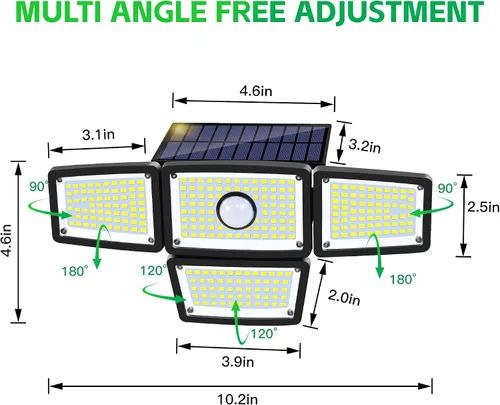 Miniatura 8 de Lámpara Solar con Sensor de 4 Cabezales, Luces Exteriores con Sensor de Movimiento 3000LM, 283 LED, 6500 K, Sensor de Movimiento, IP65 Impermeable
