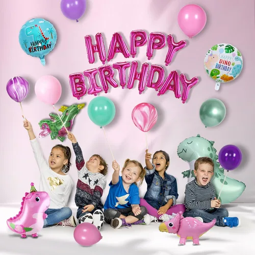 Miniatura 8 de 150 piezas de suministros de fiesta de cumpleaños de dinosaurios para niñas (sirve 12), decoraciones de fiesta de dinosaurio rosa, 50 globos