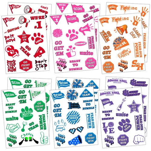 120 tatuajes de espíritu de equipo, azul, verde, naranja, rosa, morado y rojo, incluyen tatuajes temporales de colores para juegos deportivos de