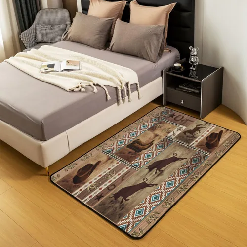 Miniatura 3 de Erosebridal Alfombra de vaquero occidental de 3 x 5, alfombra de caballo de toro para niños y hombres, alfombra azteca bohemia que no se desprende