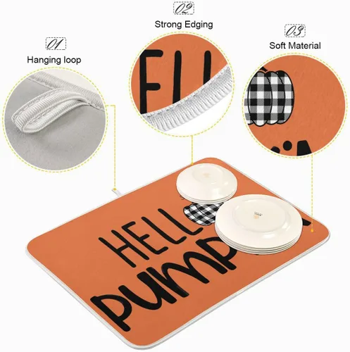 Miniatura 4 de Tapete de secado de platos naranja Hello Pumpkin para cocina, otoño, cosecha, tapete de secado de microfibra, absorbente y reversible, tapete grande