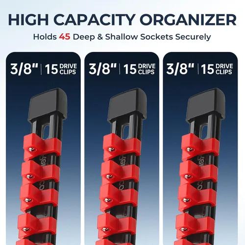 Miniatura 5 de Reniteco Organizador de enchufes de 3 piezas, unidad de 3/8 pulgadas x 45 clips, soporte de enchufe de ABS resistente con tapas de extremo Rojo