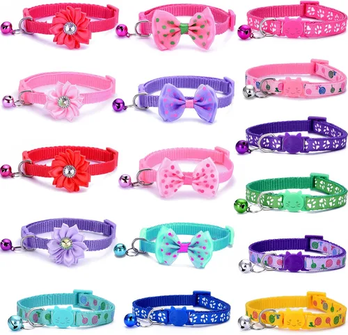 Miniatura 8 de 16 piezas de lindos collares para gatos con campanas - Collares separables para niñas y gatitos pequeños - Rosa, diseño de moño - Accesorios
