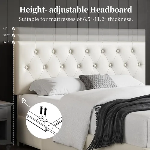 Miniatura 16 de Topeakmart Base de cama de plataforma tapizada tamaño Queen con cabecera ajustable en altura y 3 cajones de almacenamiento, base de colchón de piel