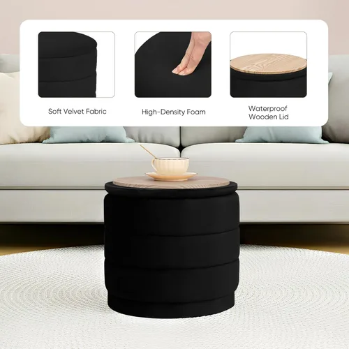 Miniatura 5 de Otomana redonda de terciopelo de 15.4 pulgadas con tapa reversible, reposapiés otomano circular tapizado con almacenamiento oculto, reposapiés Negro