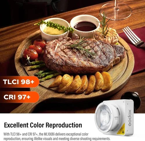 Miniatura 4 de Godox ML100Bi - Luz de video LED bicolor de 120 W, luz de video LED COB portátil 34300 Lux CRI 96+/TLCI 97+ 2800K-6500K 11 efectos FX para filmar