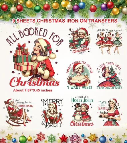 Miniatura 14 de 9 hojas de transferencia para planchar de Navidad para camisetas, parches para planchar de Navidad, diseño de transferencia de calor, calcomanías