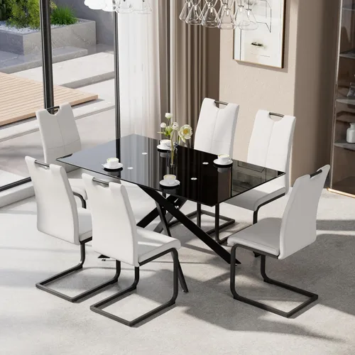 Miniatura 18 de Juego de mesa de comedor de 5 piezas para 4, mesa rectangular moderna de cristal con 4 sillas tapizadas de cuero, juegos de mesa y sillas de comedor