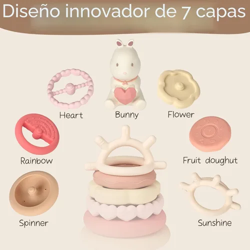 Miniatura 9 de Juguetes de apilar de Moonkie con forma de conejito para bebé Anillos de silicona de 7 piezas para alivio de la dentición Juguete educativo