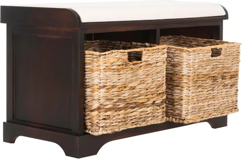 SAFAVIEH Home Collection Freddy Marrón/ Cesta de mimbre, banco de almacenamiento con 2 cajones y cojín, completamente ensamblado