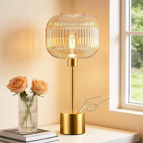 Miniatura 9 de QiMH - Lámpara de mesa de vidrio para sala de estar, lámpara de mesita moderna con pantalla de vidrio acanalada verde, lámpara de mesita de noche