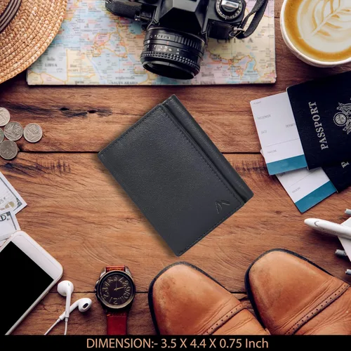 Miniatura 40 de Cartera de cuero RFID hecha a mano para hombres, elegante cartera de bolsillo frontal triple con 2 ranuras para identificación y 9 tarjetas, Negro