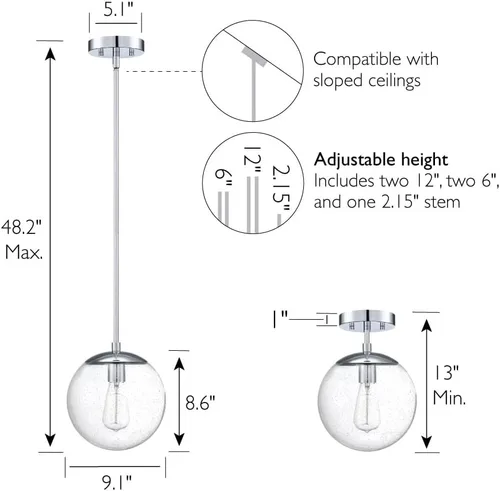 Miniatura 5 de Design House Gracelyn 588509-PC - Colgante regulable con 1 luz, globo de cristal transparente y semillero, cromo pulido