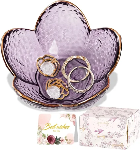 Miniatura 13 de Regalos para mujeres, plato para baratijas con flores, plato para joyería de vidrio rosa, soporte para anillos, bandeja de joyería, decoración