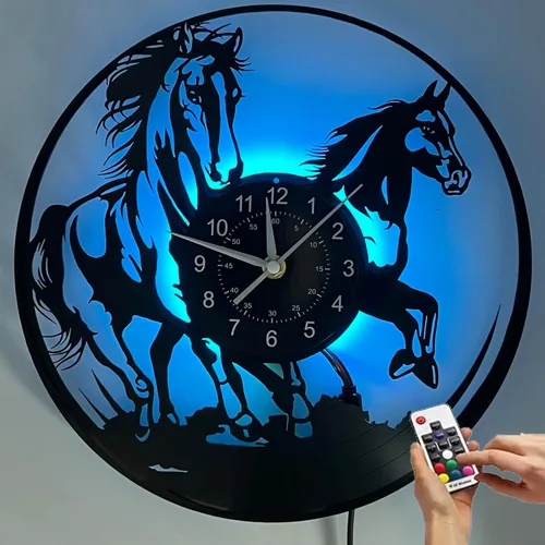 Reloj de pared de vinilo LED, caballos, luz nocturna, lámpara colgante de 7 colores, reloj luminoso, decoración de pared para el hogar, regalos