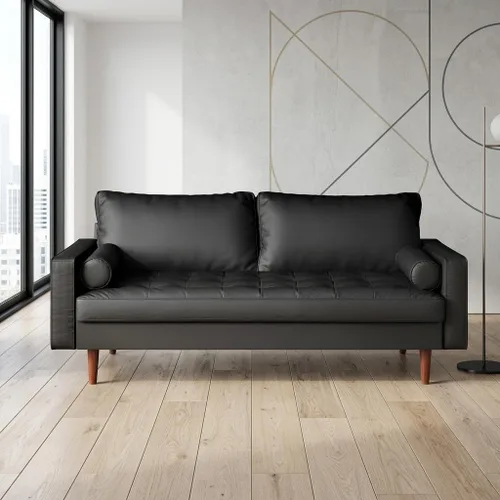 Miniatura 2 de Container Furniture Direct Womble Mid Century Modern Couch with Bolster Pillows, PU Leather Upholstered Tufted Seat, Versatile Retro Design for