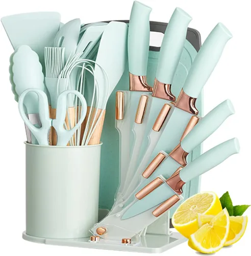 Miniatura 6 de Juego de utensilios de cocina y cuchillos de cocina de 19 piezas con bloque de soporte, incluye 11 utensilios de cocina de silicona, 5 cuchillos