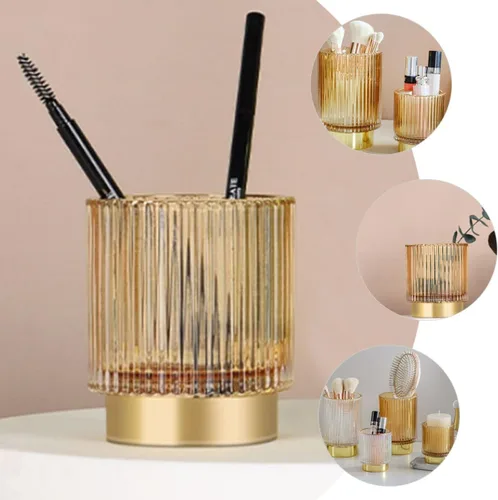 Miniatura 5 de Thickened Amber Glass Makeup Brush Holder Large Pen and Cosmetic Organizer for Vanity Desktop Storage