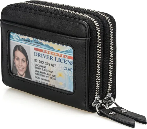 KM Legend Cartera para mujer, delgada, con bloqueo RFID, tarjetero con ventana de identificación, monederos compactos con doble cremallera para