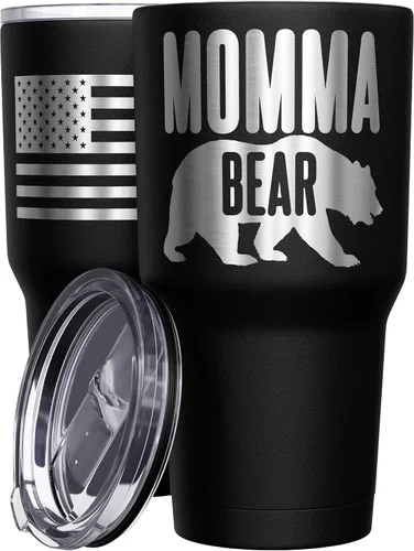 We The People Holsters - Momma Bear - Vaso de café - Taza de viaje de café con bandera americana - Vaso grabado - Vaso termo doble - 30 onzas