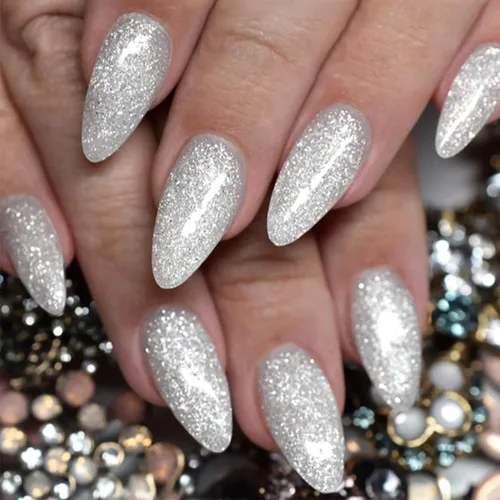Miniatura 12 de Uñas postizas cromadas negras a presión de almendra mediana, uñas postizas de aguja con diseño brillante, uñas postizas acrílicas de metal brillante