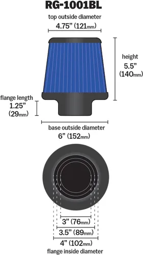 Miniatura 2 de K&N RG-1001BL pinzas de filtro de aire universal: ronda; 3 cónicos 3 pulgadas/3.5 pulgadas/4 in (102 mm/89 mm/76 mm) id de brida; 5.5 pulgadas