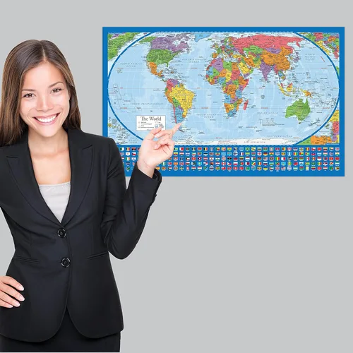 Miniatura 5 de 2 Pack - Póster de mapa del mundo laminado y set de mapa de EE. UU. - El diseño del mapa del mundo Equal Earth muestra los continentes en su Azul