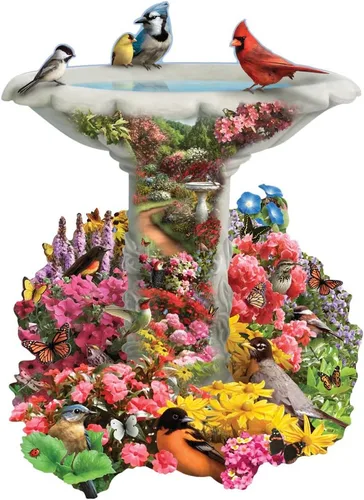 Bits and Pieces Rompecabezas de 750 piezas para adultos – Baño para pájaros de jardín, fuente de pájaros ocupados – por el artista Alan Giana,