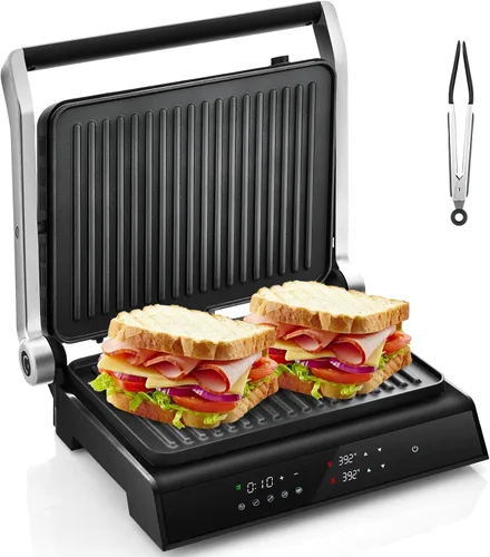 COSTWAY Parrilla eléctrica de prensa Panini, sandwichera gourmet de 1200 W con platos antiadherentes de doble cara y bandeja de goteo extraíble,