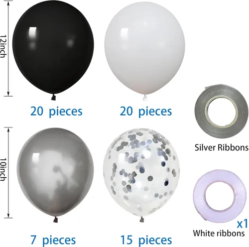 Miniatura 2 de Juego de 62 globos de 12 pulgadas, color negro, blanco, plateado, globos de fiesta con confeti plateado metálico blanco y negro con cintas