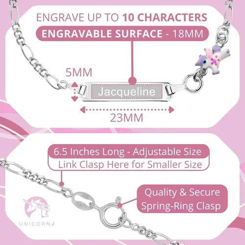 Miniatura 2 de UNICORNJ 925 Italy Sterling Silver Child or Baby Name Bracelet Girls Boys, Personalized Engraved Kids ID Bracelets, 6.5" Figaro Chain, Enamel Charm