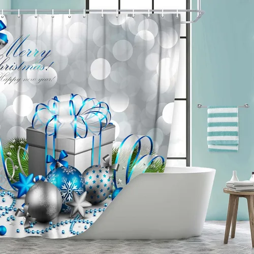 Miniatura 7 de DYNH Cortina de ducha navideña, feliz Navidad, bola y caja de Navidad plateada y azul para cortinas de baño de Año Nuevo, cortina de ducha de tela