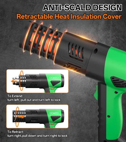 Miniatura 4 de Pistola de calor de 1800 W, calentamiento rápido, 122℉-1202℉, pistola de aire caliente resistente, control de temperatura variable, protección