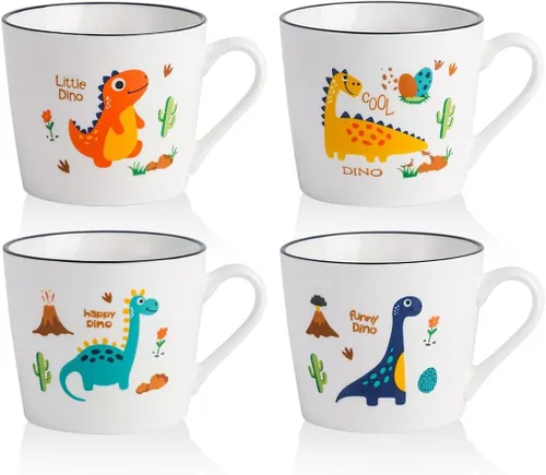 Juego de 4 tazas de cerámica de dinosaurio de 13 onzas, tazas de dinosaurio para regalos, lindas tazas de porcelana de dibujos animados para leche