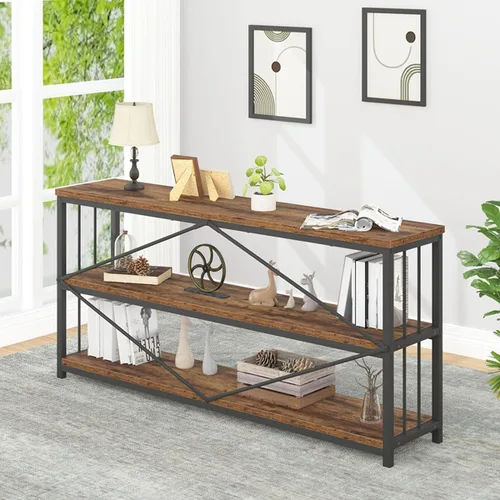 Miniatura 5 de IBF - Librero bajo rústico de 3 niveles, estantería industrial horizontal de madera, estantería larga y ancha de estilo granja de metal, estantería