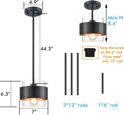 Miniatura 3 de CLAXY Luces colgantes para isla de cocina, barra negra, lámpara colgante de cocina, pantalla cilíndrica de vidrio transparente Sombra