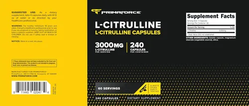 Miniatura 5 de Primaforce L-citrulina 3000mg, 240 cápsulas, 60 porciones