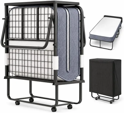 Mjkone Cama plegable con colchón, cama rodante para adultos con cabecero y bolsa antipolvo, cama plegable portátil de 5 pulgadas para huéspedes con