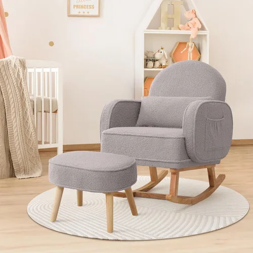Miniatura 8 de HCHAIRH Mecedora para guardería con otomana, mecedora tapizada con respaldo alto y bolsillo lateral, sillón con patas de madera maciza para Gris