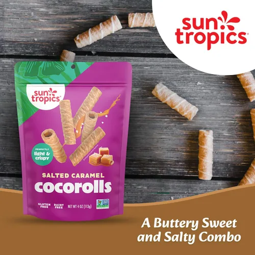 Miniatura 4 de Sun Tropics CocoRolls Sabor a caramelo salado de 4 onzas Galletas de oblea enrolladas crujientes, rollos de coco hechos con crema de coco pura