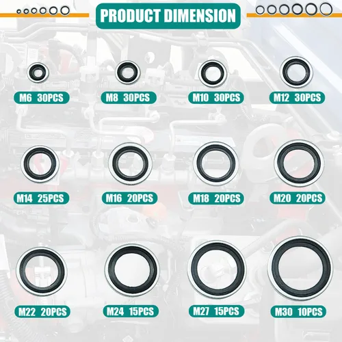 Miniatura 2 de 265 piezas NBR Arandelas de sellado unidas de metal, acero chapado en zinc métrico autocentrado Dowty Seal Junta de sellado aplastante Kit surtido