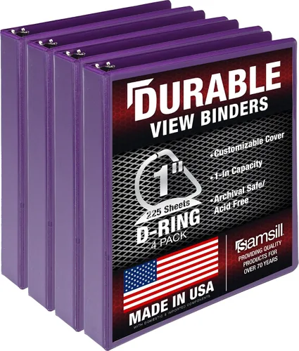 Samsill Carpeta duradera de 3 anillos de 1 pulgada, fabricada en Estados Unidos, carpeta de anillos en D, FSC 100% aglomerado reciclado, morado,