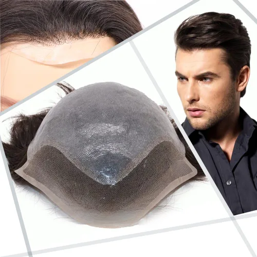 Miniatura 9 de Toupee - Peluca de cabello humano europeo con encaje frontal suizo y línea capilar natural para hombre, con piel sintética, sistema de reemplazo