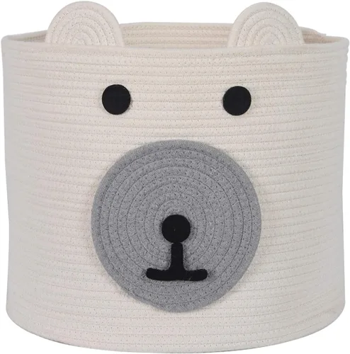 Cesta de almacenamiento de juguetes con bonito diseño de oso, cesta de ropa de bebé con asas, cesta de cuerda para guardería, 16 pulgadas de