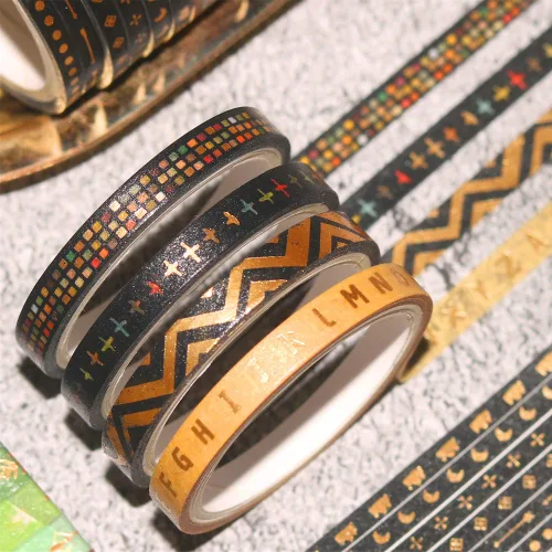 Miniatura 8 de YUBBAEX Juego de 26 rollos de cinta washi india, 0.197 in de ancho, tótem folclórico dorado fino decorativo para diario, álbum de recortes, agenda
