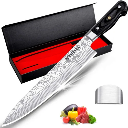 MOSFiATA - Cuchillo de chef de 10 pulgadas súper afilado, cuchillo de cocina profesional con protector de dedos en caja de regalo, cuchillo de